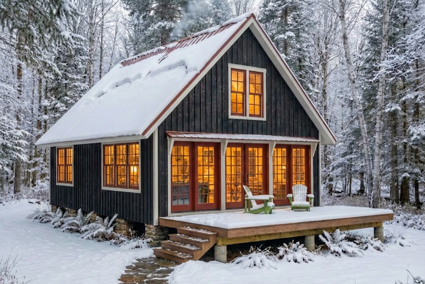 Cabin in the woods during winter with snow on the ground