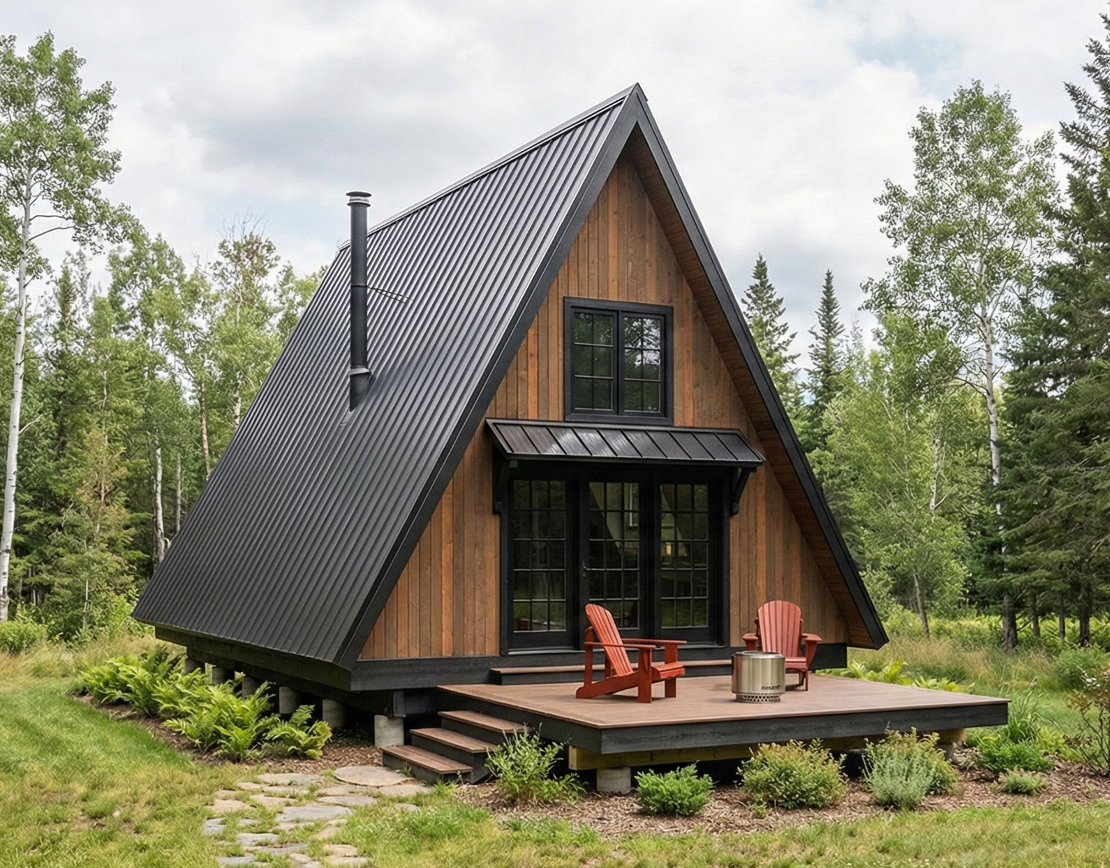 A-frame cabin in a forest setting with a small patio and chairs.