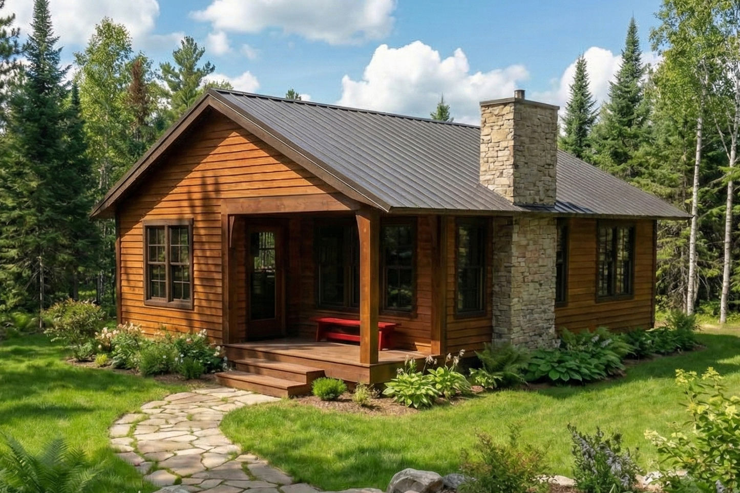 Wooden cabin in a forest with a stone pathway leading up to it.
